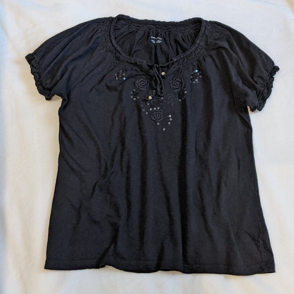 Charter Club Sz L Petite Black Embroidered Top